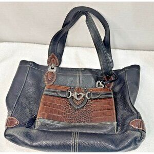 Brighton Medium Leather Tote Black Pebbled/Brown Croc Purse 14.5W x 12.5T